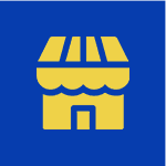 A yellow store icon on a blue background