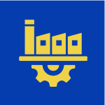 A yellow and blue icon of factory with gear.