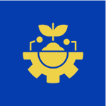 A blue background with a yellow gear and plant on it.