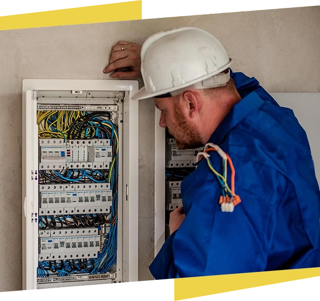 A man in blue jacket looking at electrical box.